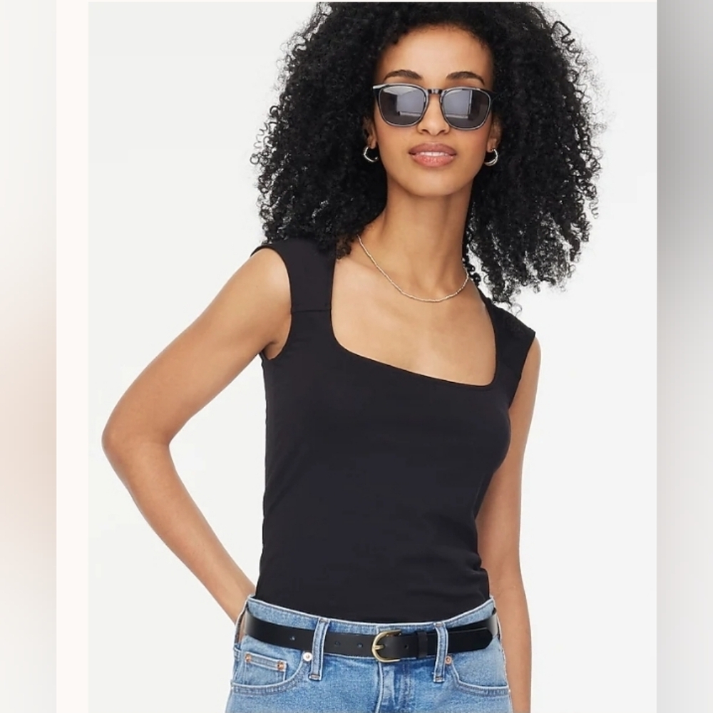 Nwt J. Crew Factory Squareneck Cap Sleeve Top Stretch Top Black Size Med